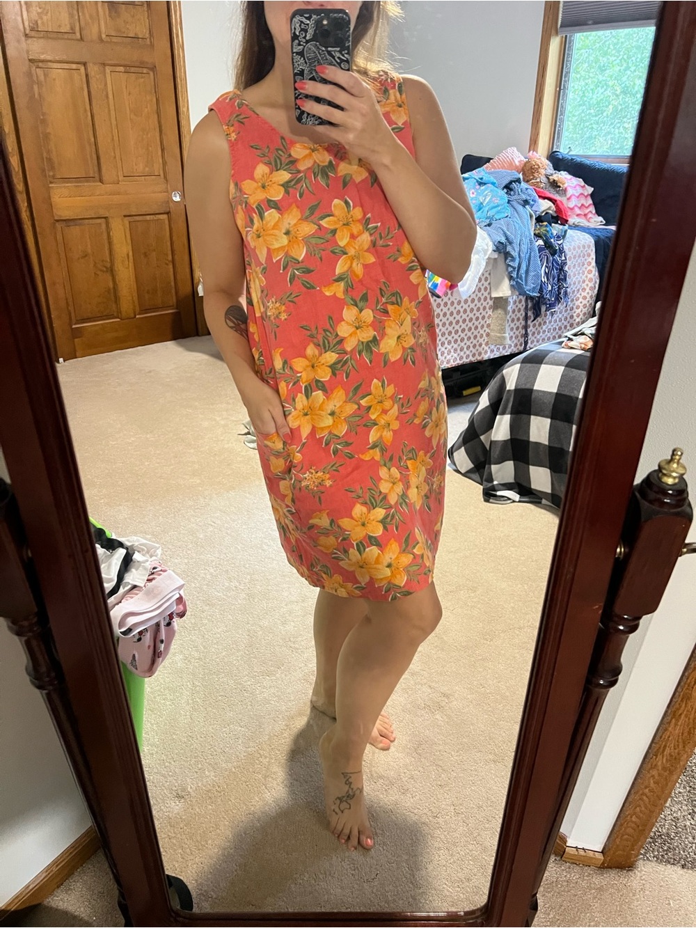 Vintage 90s Tropical Flower Hawaiian Linen Midi Dress size medium/large
